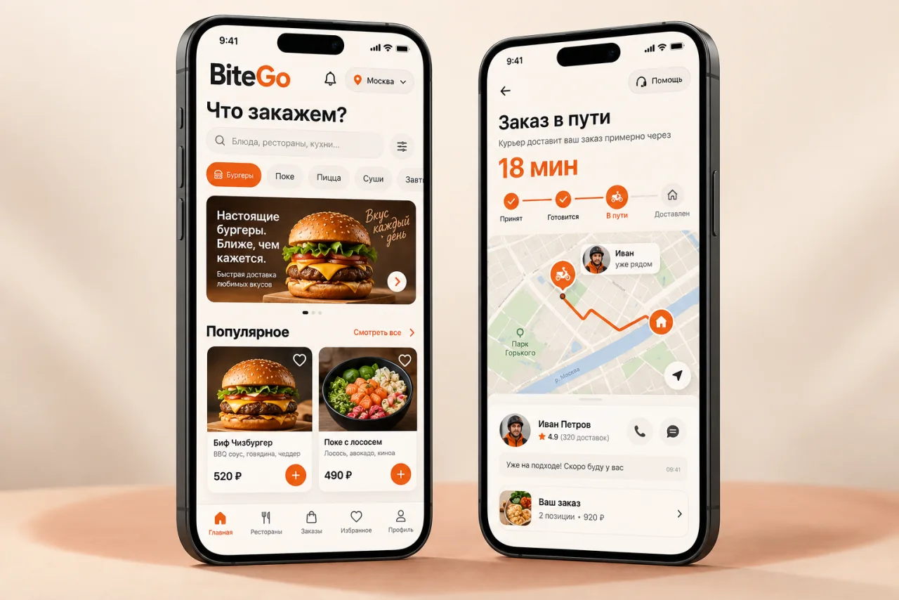 Два экрана мобильного приложения доставки BiteGo