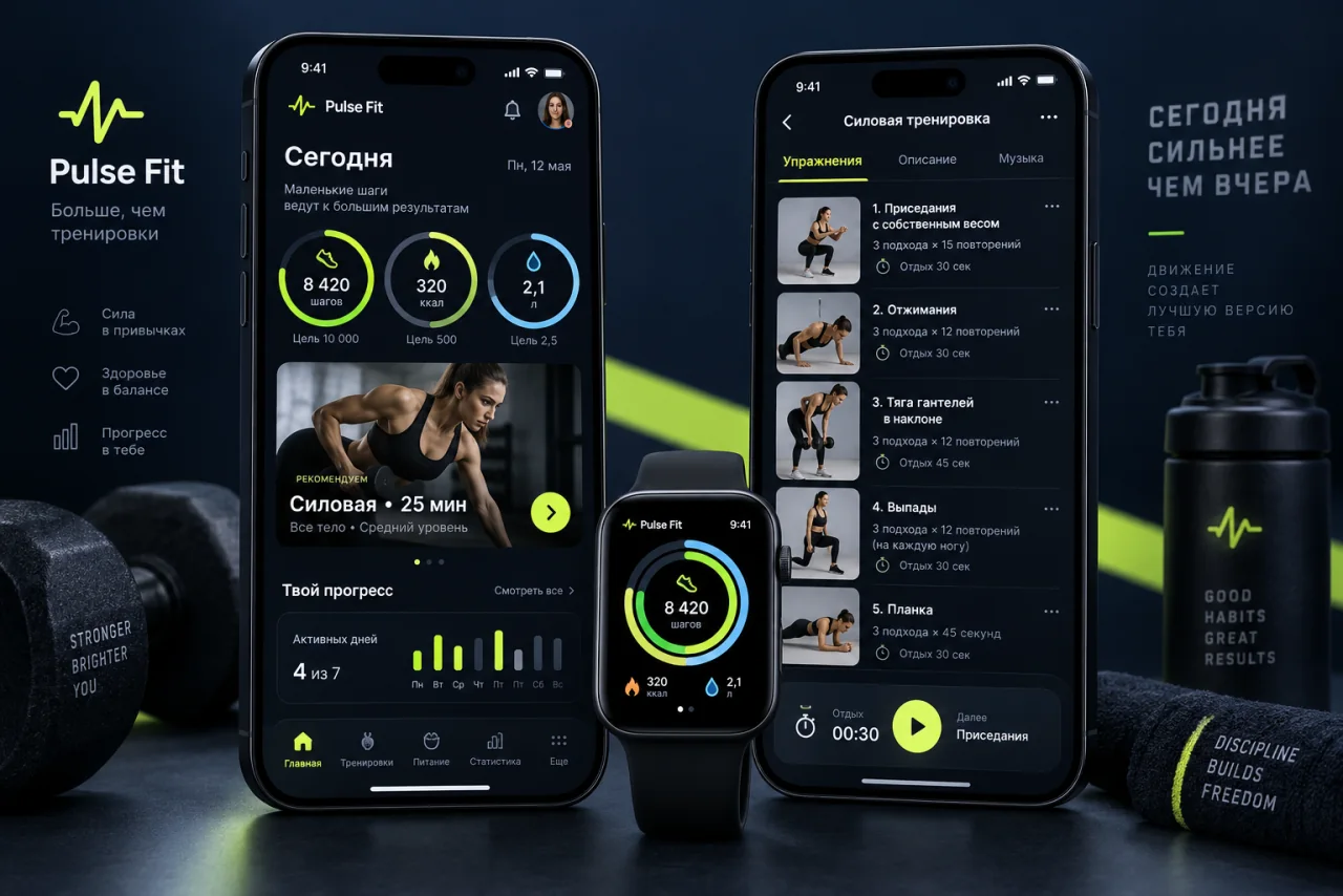 Концепт фитнес-приложения на смартфонах и часах