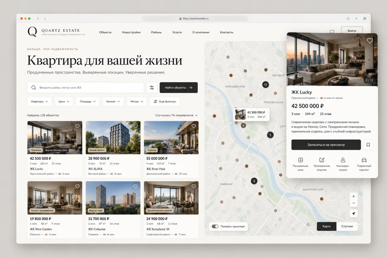 Концепт сайта недвижимости с каталогом и картой